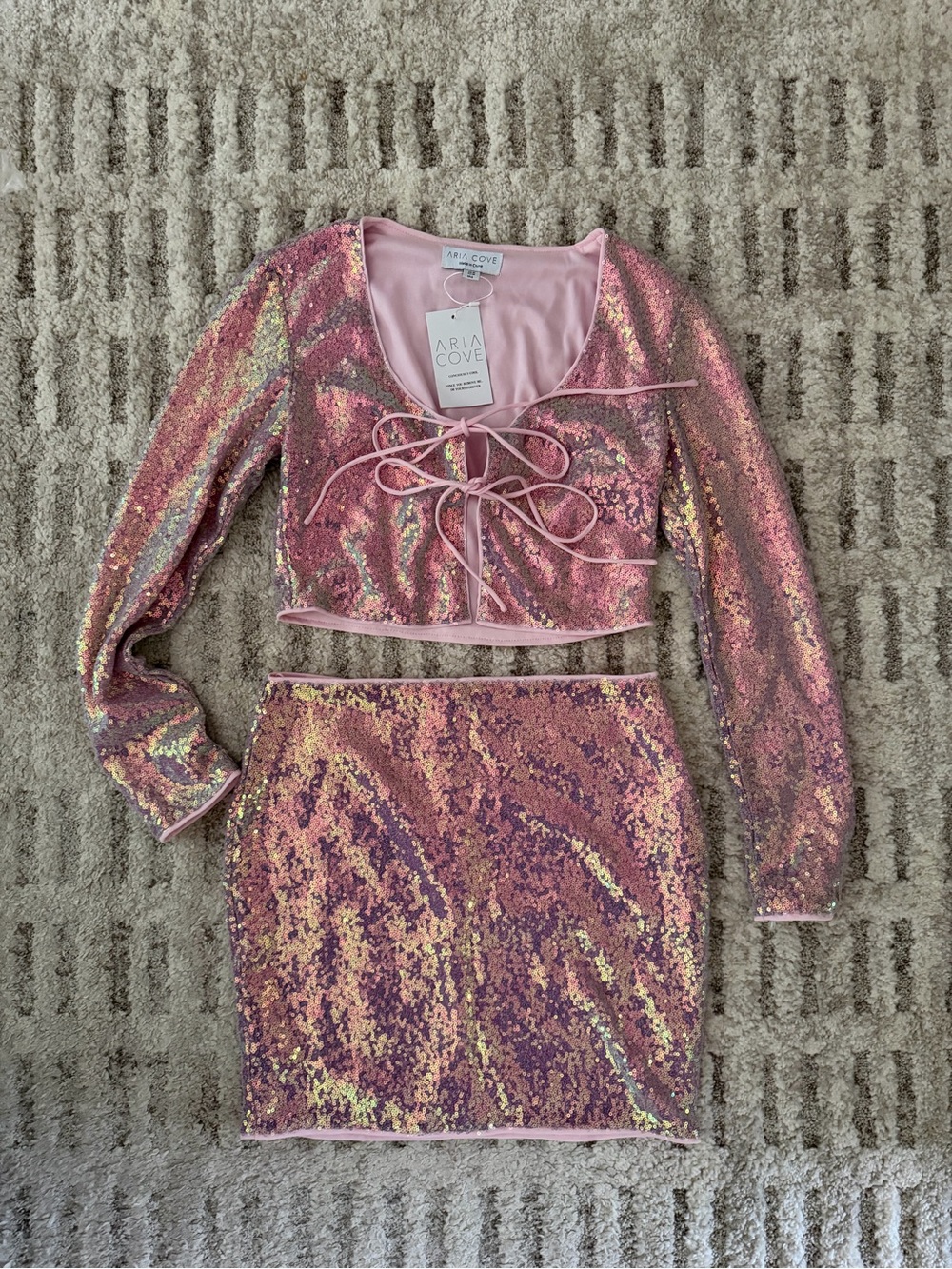 Iridescent Sequin Tie-Front Crop Top and Mini Skirt Set - Picture 3 of 5